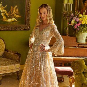 New Mother Of Bride A-Line Long Mesh Gown w/ Bell Sleeves & Zipper Back GL3582